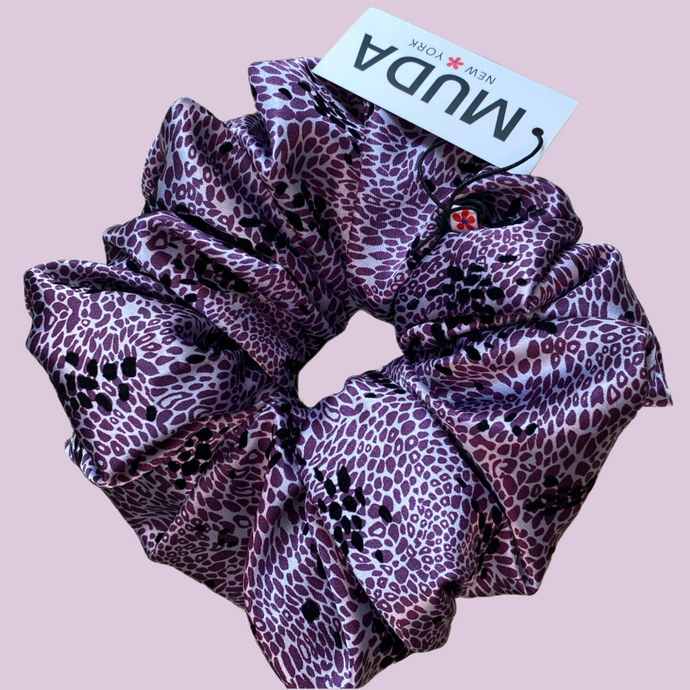 Purple Cheetah with Black Velvet Silk Satin Scrunchie