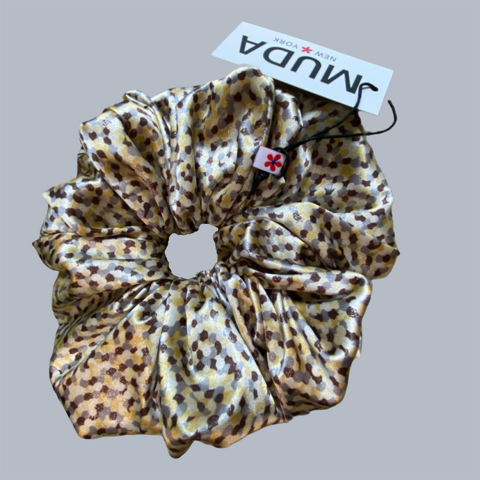 Yellow and Brown Dotted Silk Satin Scrunchie