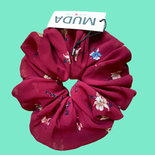 Burgundy with Flowers Chiffon Scrunchie